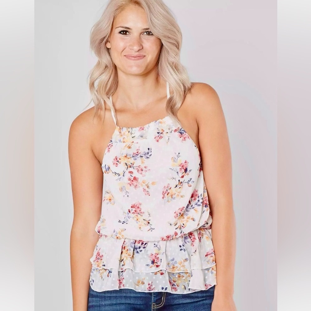BKE Swiss Dot Racerback Floral Tank Top